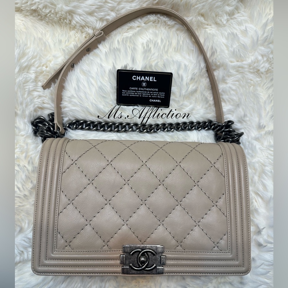 Sold Locally! CHANEL Large EUC Beige Nude Calfskin Classic Boy Bag Crossbody